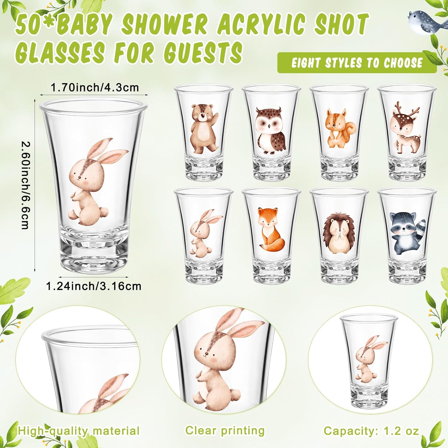 Pickmesh 50 Sets Baby Shower Shot Glasses for Guests Include Acrylic Clear Shot Glasses Thank You Cards Organza Bags Babies Shower Gifts for Gender Reveal Party Supplies (Woodland Theme)