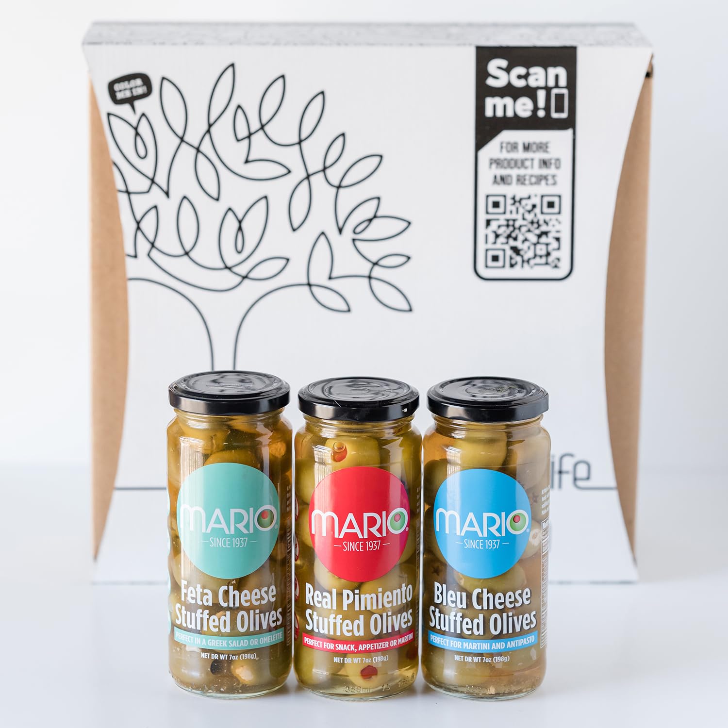 Mario Camacho Foods Specialty Stuffed Olives Gift Box – Olives Stuffed with Feta Cheese, Bleu Cheese & Pimento - 7oz Jars (Pack of 3)