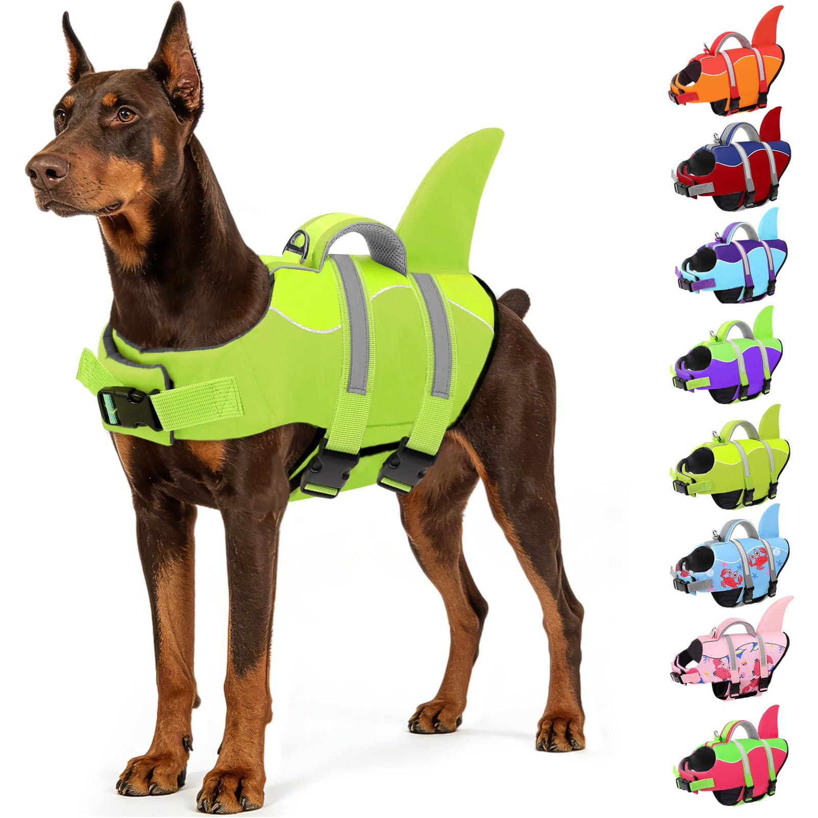 AOFITEE Hundeschwimmweste Hai, Verstellbar & Ripstop Schwimmweste Hunde, Hohe Flotation Rettungsweste Hund mit Rettungsgriff und Reflektorstreifen für Kleine, Mittlere, Große Hunde
