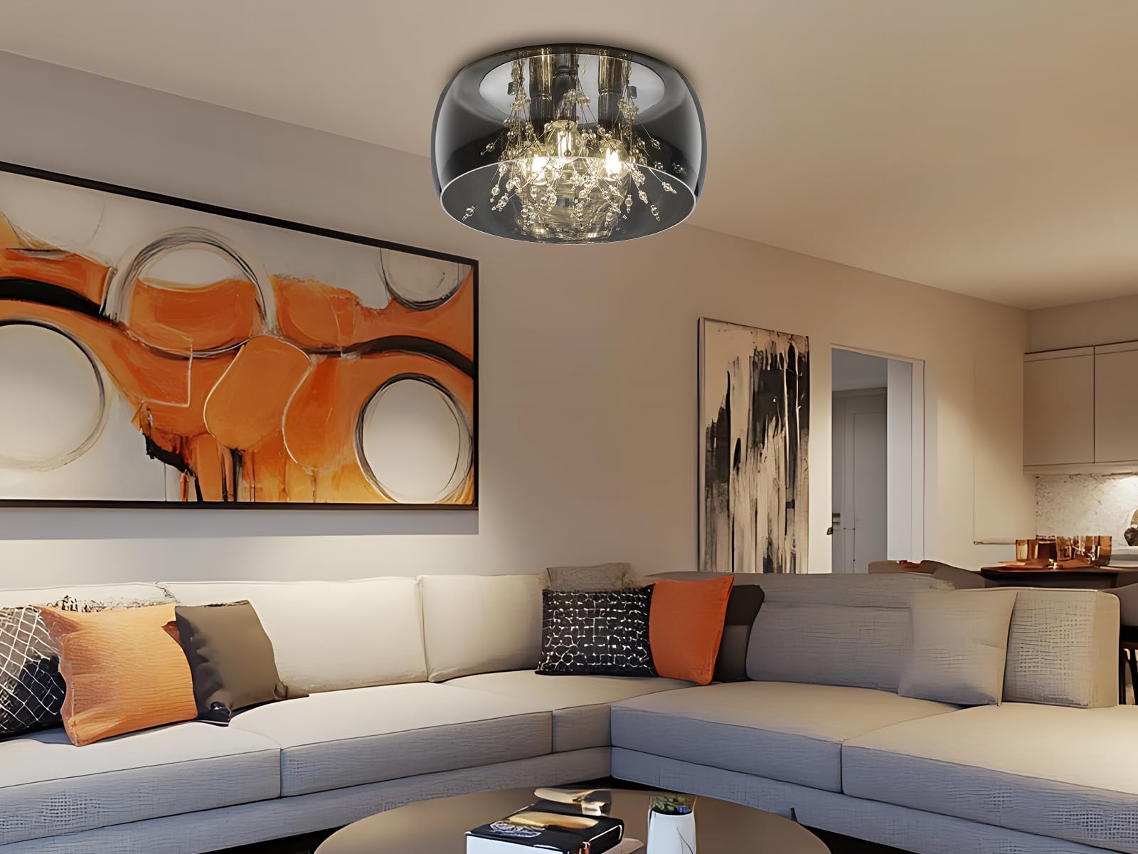 meineWunschleuchte Deckenleuchte Ø 34cm Glas Schirm Chrom verspiegelt in Rauchglas Optik mit Kristallbehang