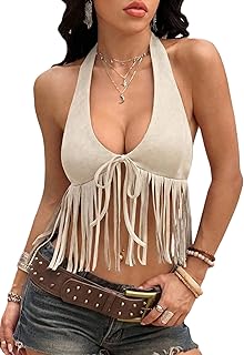 OYOANGLE Women's Boho Suede Fringe Top Sleeveless Tie Front Western Cowgirl Halter Crop Tops