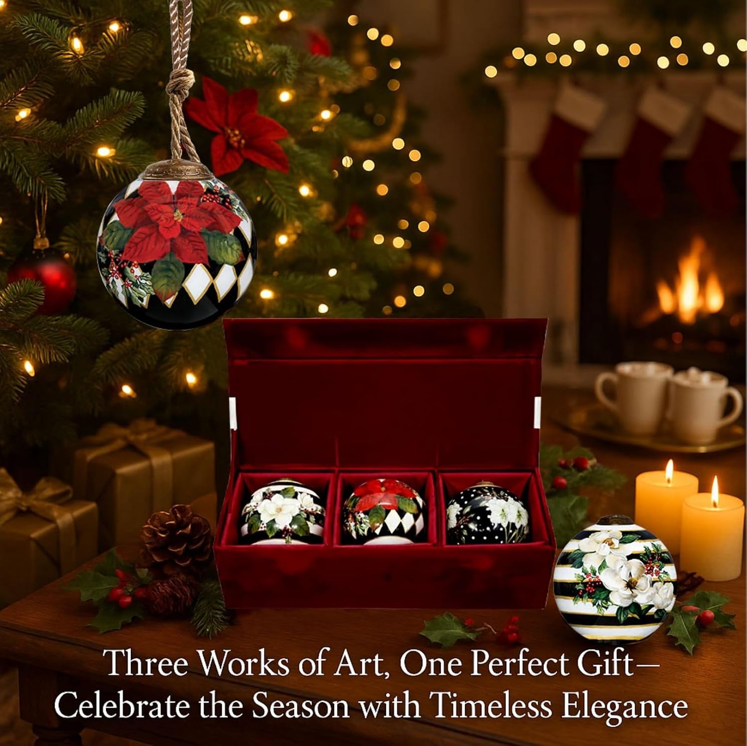 Holiday Florals Glass Ornament Boxed Set – Hand-Painted Christmas Ornaments by Sandy Clough, 3” Round Mouth-Blown Glass with Gift Box – Poinsettia, Amaryllis, Magnolia Designs