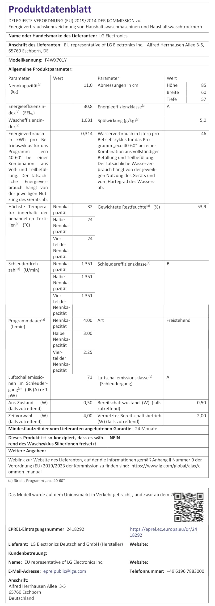 LG F4WX701Y Waschmaschine, 11 kg, AquaLock® Vollwasserschutz, AI Wash, TurboWash 360°, Inverter Direct Drive, weiß