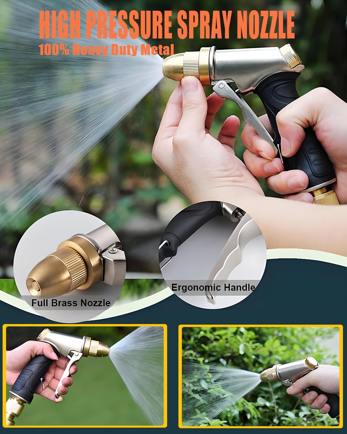 Heavy Duty High Pressure Hose Nozzle, All Metal Brass Adjustable Spray Nozzle for Garden, Car Washing & Pet Showering, Spray Modes - Jet Sprayer for Water Hose