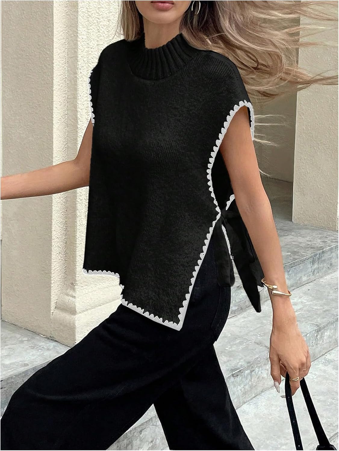 Verdusa Women's Old Money Sweater Tie Knot Slit Sweater Vest Mock Neck Cap Sleeve Lightweight Knit Tops - Image 5