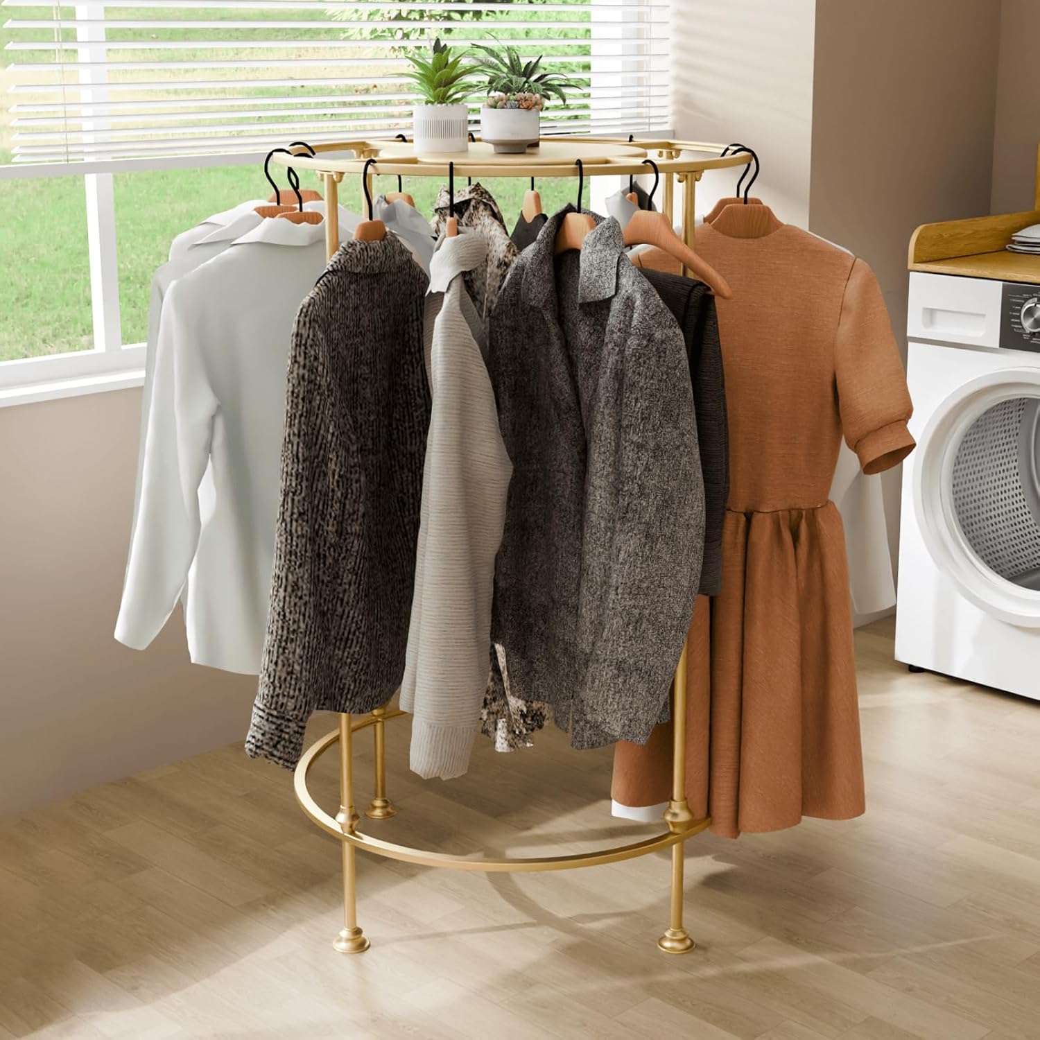 Round Garment Rack,Freestanding Round Clothing Rack,Iron Clothes Hanging Rack with Topper,Metal Clothing Rack for Shopping Malls Retail Boutique Display Laundry Rooms Bedroom (Gold)
