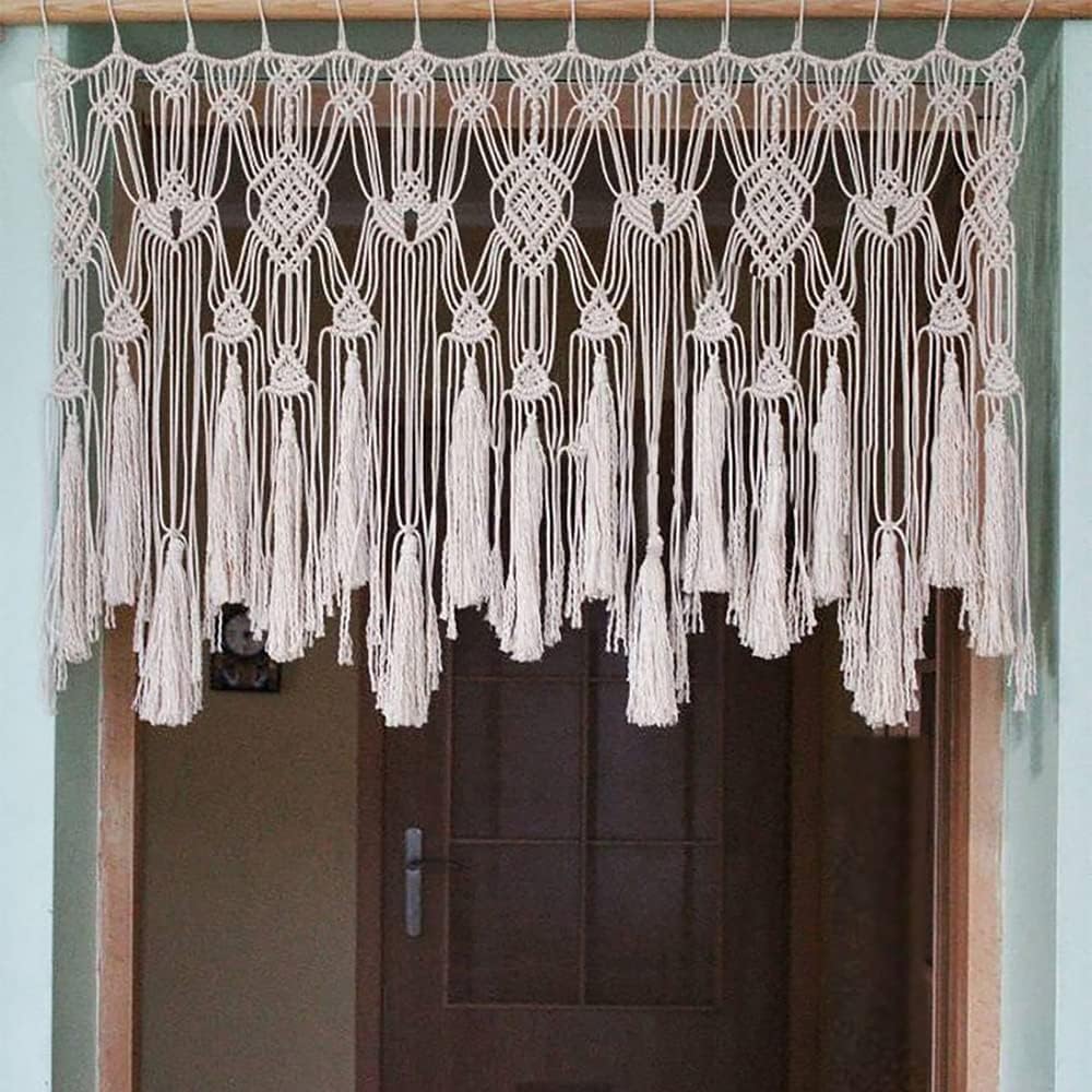 Macrame Curtains Valance with Bead for Kichen Boho Window Short Doorway Curtains Valance Wall Hanging Treatments Above Bed Decor for Bedroom Livingroom Kitchen Bathroom Wall Decor 47x22Inch