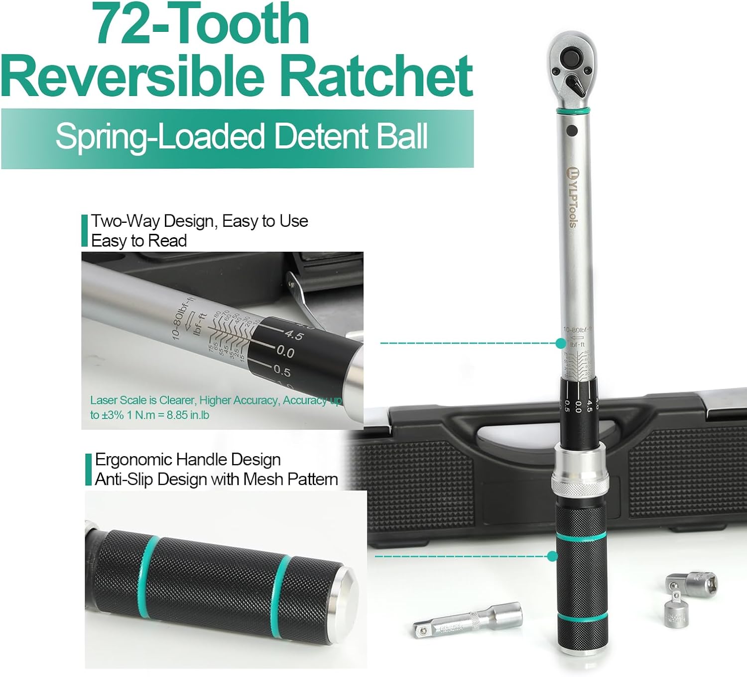 4-Piece Torque Wrench Set – 3/8" Drive Click Torque Wrench (10–80 ft-lb), 1/4" & 1/2" Drive Adapters, 3-Inch Extension Bar, ±3% Accuracy, Chrome Vanadium Steel, Includes Storage Case
