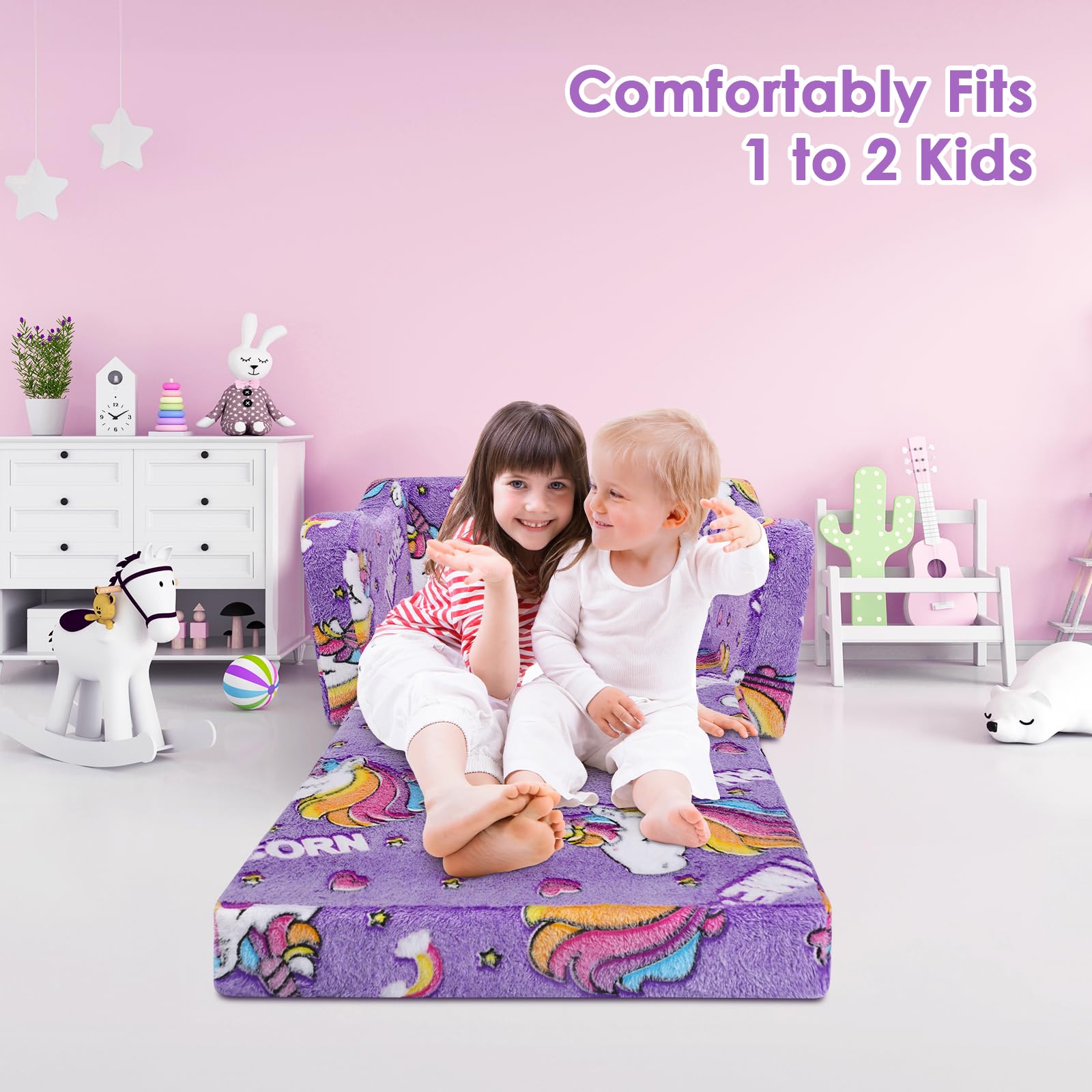 Divano Bambini Trasformabile 2-in-1,Stabile Poltroncina Pieghevole per Bambini Ragazze con Coperta ,Comoda Divano Letto per Bambini che Brillano nel Buio per Camere da Letto e Soggiorno,Unicorno Viola