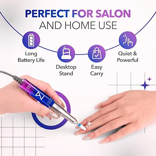 Miniatura 5 de M Mase- Taladro de uñas profesional - Lima de uñas 2 en 1 sin núcleo - Eléctrica, inalámbrica, 35000 RPM, pantalla HD, taladro eléctrico de uñas