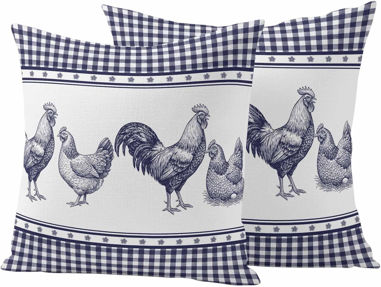 Navy Blue Rooster Outdoor Pillow Covers Waterproof, All Weather Cushion Case Set of 2, Vintage Farmhouse Blue Plaid Decorative Pillowcases for Sofa Couch Bed Decor Patio Furniture 20"x20"