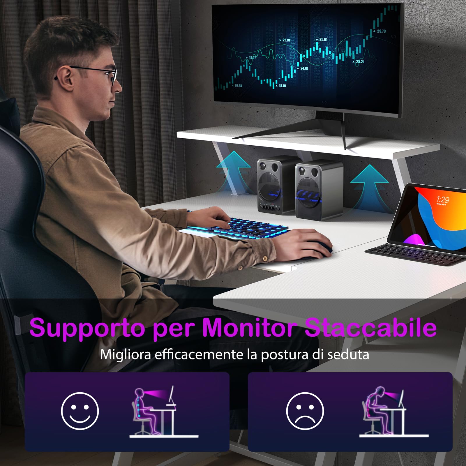 COSTWAY Scrivania Angolare Salvaspazio, Scrivania da Gaming con Prese, Porte USB, Ripiano per Monitor, Gancio per Cuffie, Ripiano e Supporto per CPU, Scrivania ad Angolo per Casa e Ufficio (Bianco)