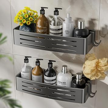 Shower Caddy Suction Cup,2 Pack Shower Shelves with Hooks No Drilling Removable,Large Capacity Bathroom Organizers and Storage,Waterproof Rustproof Shower Bathroom Accessories DecorGray