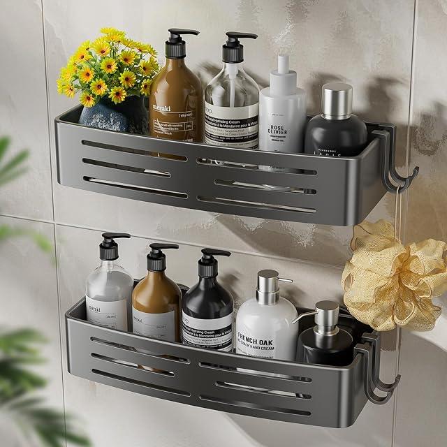 GHYFFF Shower Caddy Suction Cup 2 Pack Shower Shelves with Hooks No Drilling Removable Large Capacity Bathroom Organizers