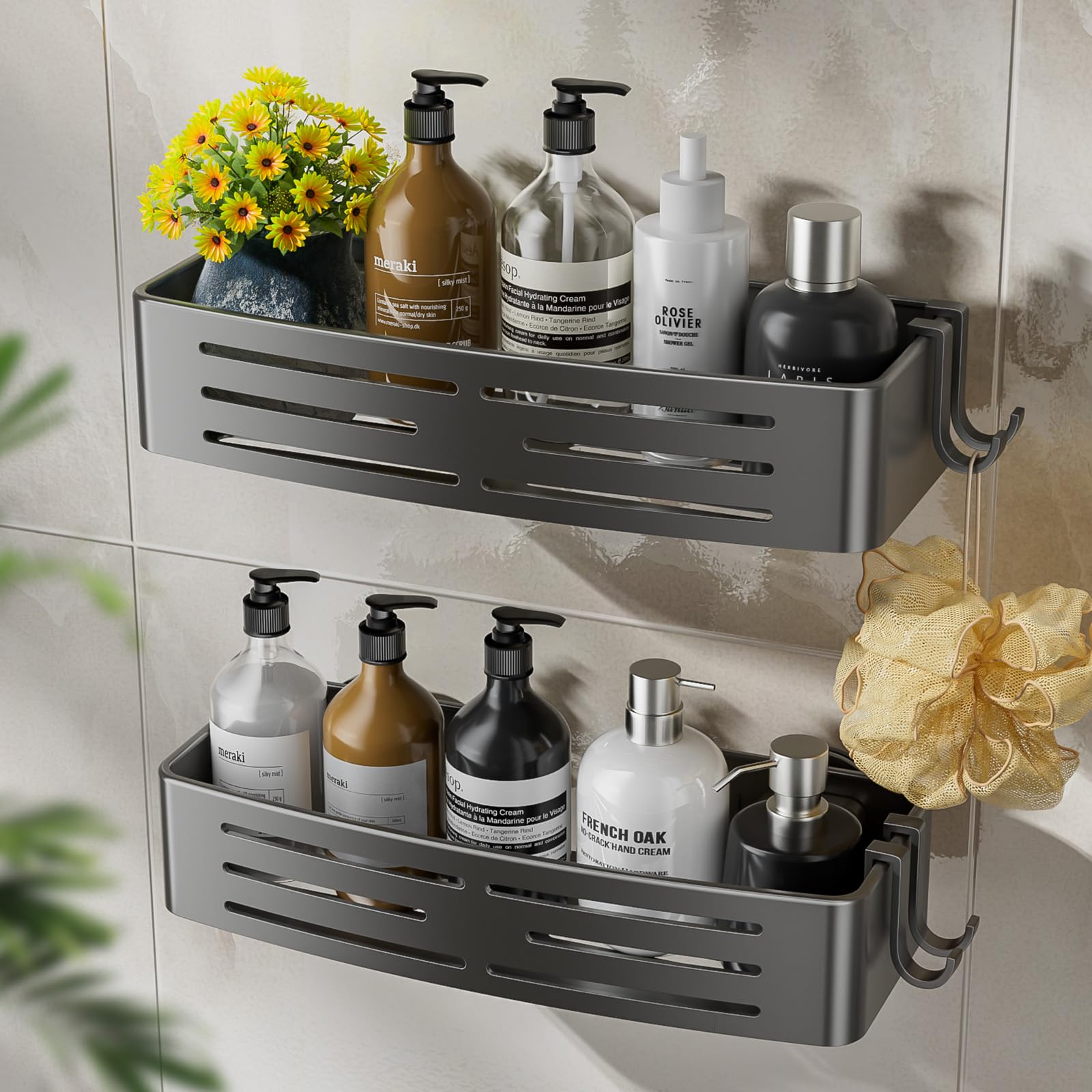 GHYFFF Shower Caddy Suction Cup 2 Pack Shower Shelves with Hooks No Drilling Removable Large Capacity Bathroom Organizers