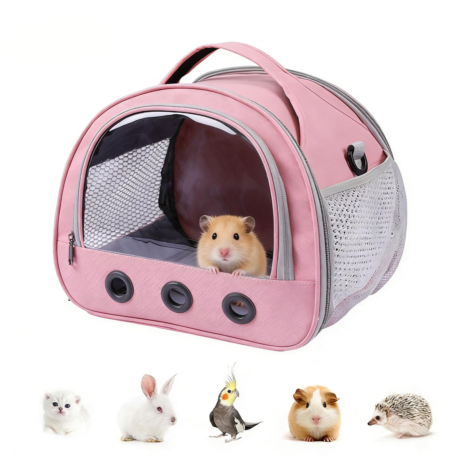 Sac de Transport Petit Animal, Cage de Voyage Pliable avec Fenêtre PVC et Grille Aérée, Bandoulière Réglable pour Hamster, Cochon d'Inde, Oiseau, Rongeur(30x25x25cm)