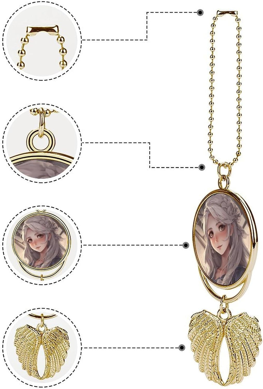 White Hair Anime Car Hanging Ornament Car Photo Angel Wing Pendant Rearview Mirror Hanging Accessories Personalized Picture Ornament Gift for Automobiles Home Window Golden image 3
