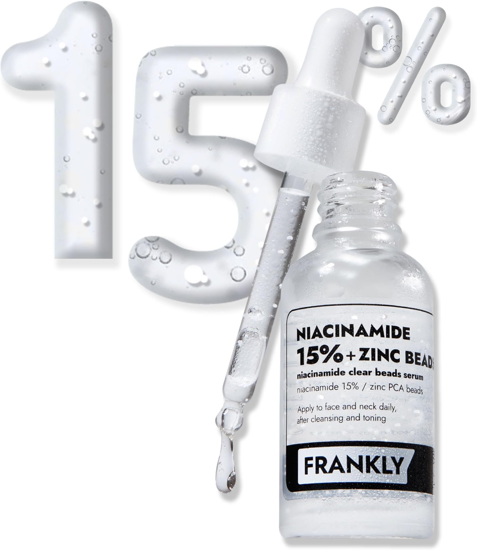 FRANKLY Niacinamide 15% + Zinc Bead Serum | High Dose Yet Gentle Skin Repair | Acne, Pore & Redness Control | Bead-to-Skin Delivery System for Fresh Niacinamide | Vegan Korean Skincare | 1.01 fl.oz