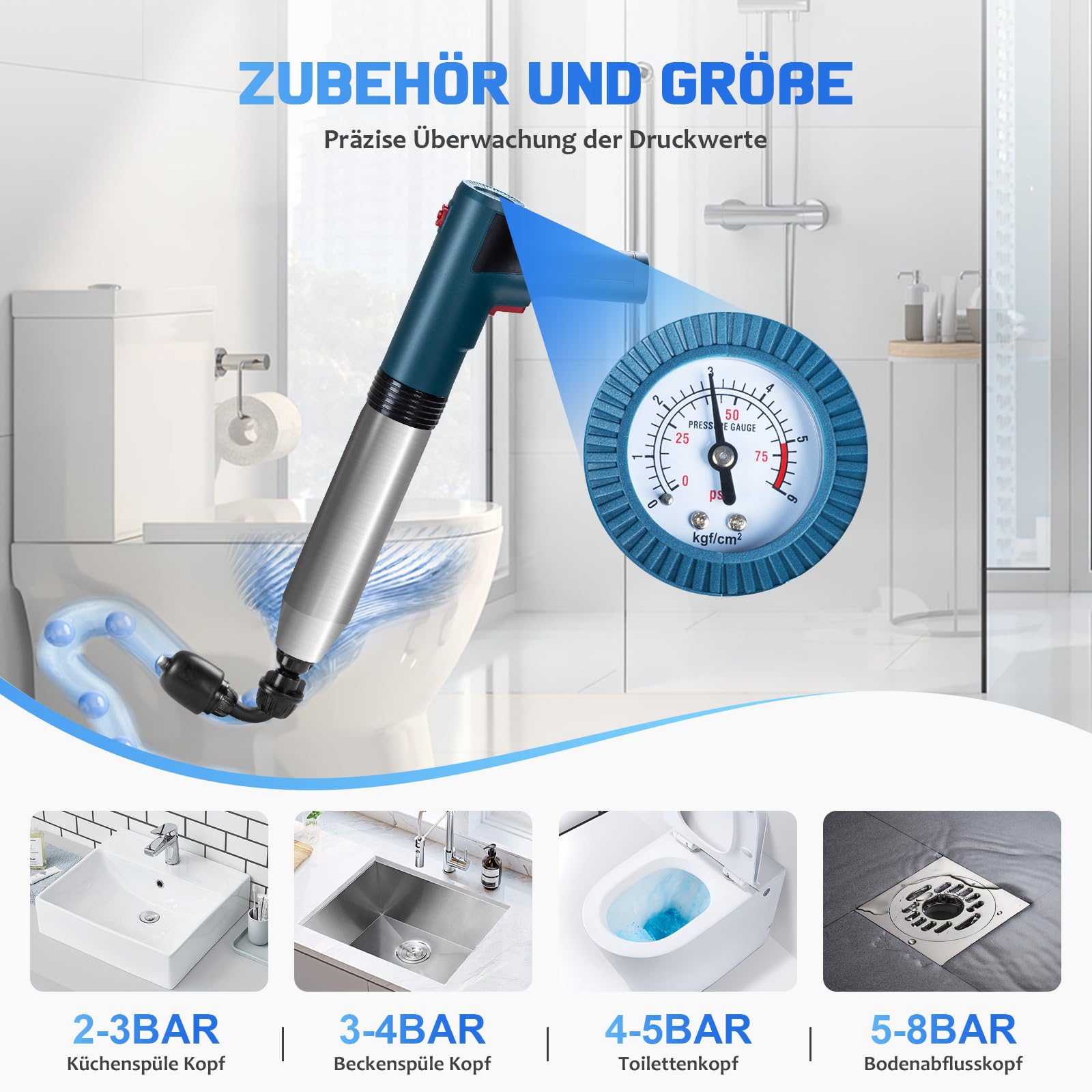 Desatascador Tuberias a Presion Eléctrico con Indicador de Presión de Aire, Desatascador Tuberias con 4 Ventosas, Guantes y Pinza de Garra, Desatascador WC para Inodoros, Tuberías de Cocina