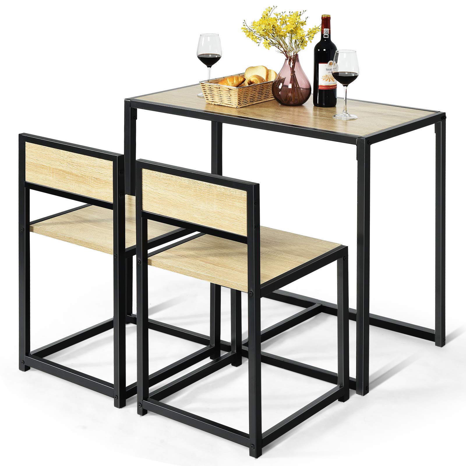 DREAMADE Set 3 Pezzi con Tavolo e 2 Sedie in Legno Robusto e Ferro, Set di Tavolo con 2 Sedie a Scomparsa in Stile Industriale, Ideale per Sala da Pranzo, Cucina e Balcone (Beige)