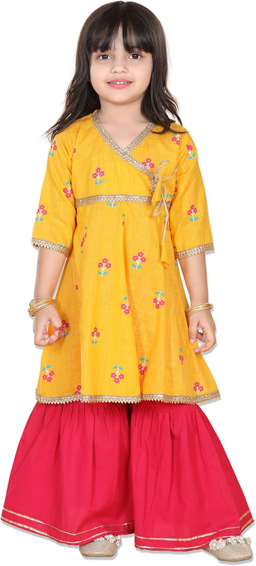 AdivaKids Cotton 3/4th Sleeve Kurta Sharara Set for Girls - Ethnic Wear | Festival Wear - Floral Pattern, Regular Fit