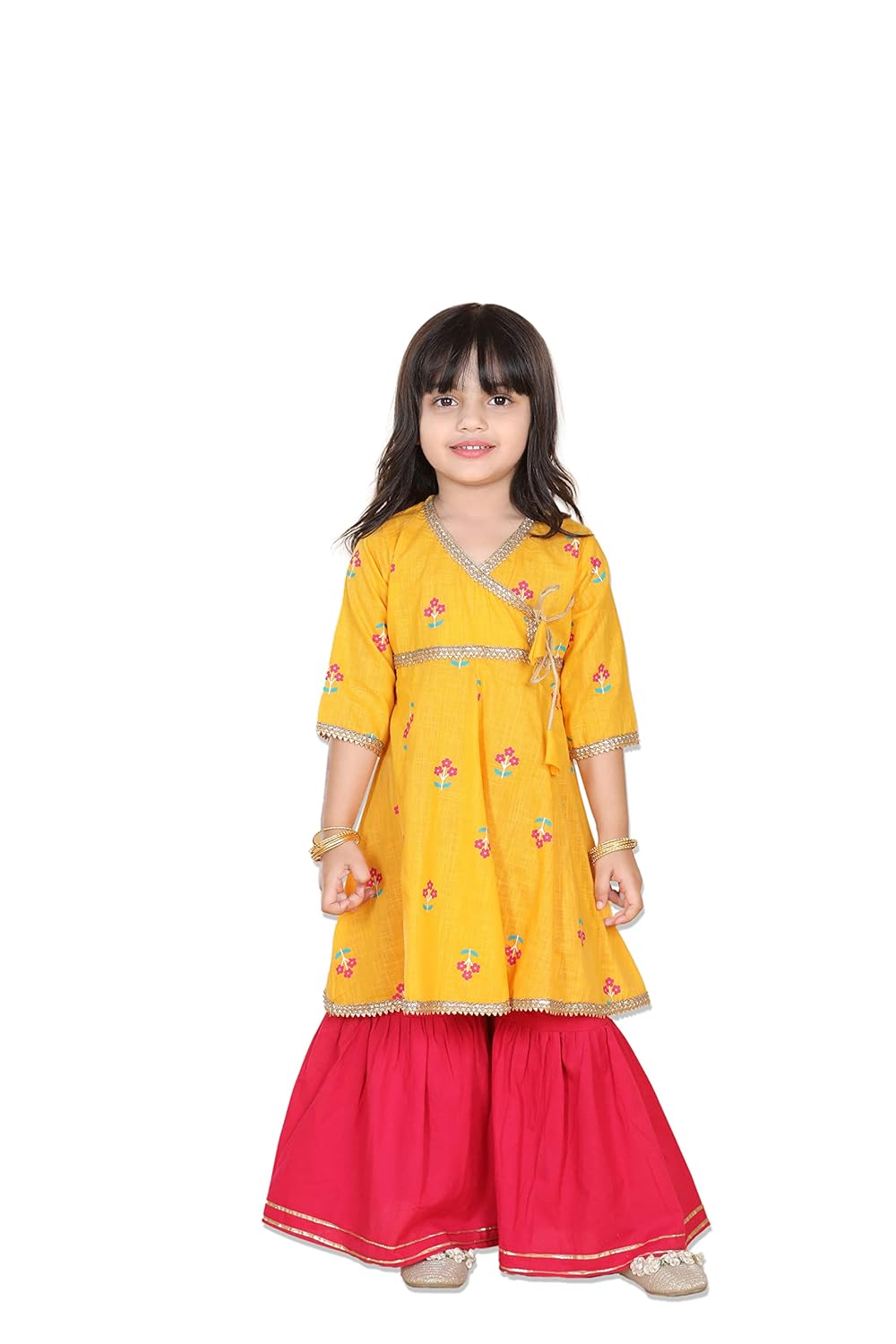 Adiva Kids Cotton 3/4th Sleeve Kurta Sharara Set for Girls – Ethnic Wear | Festival Wear – Floral Pattern, Regular Fit