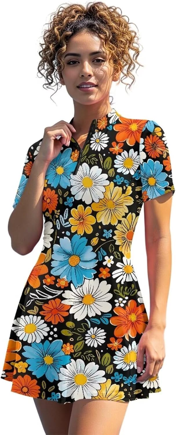 Womens 1/4 Zip Tennis Dress Moisture Wicking Workout Golf Athletic Dresses Quick Dry Outfits with Shorts