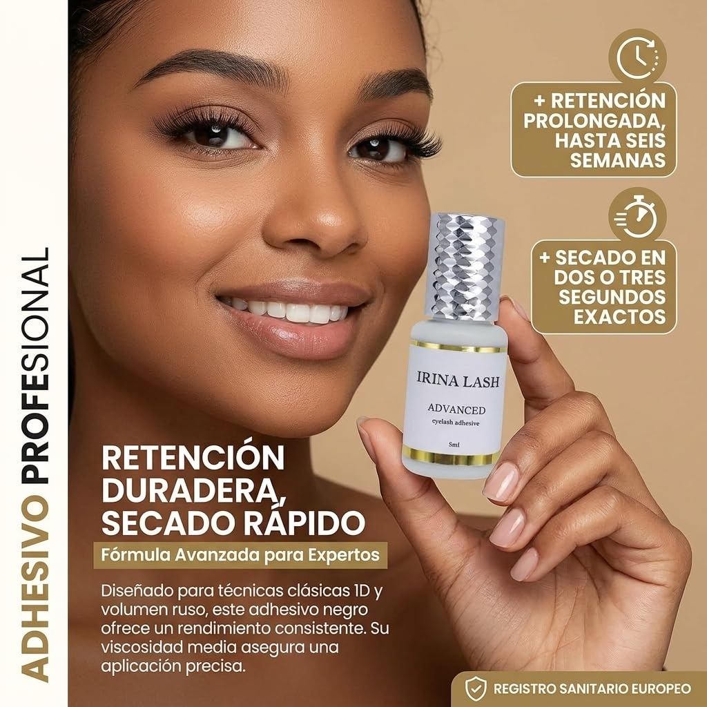 Pegamento para Pestaña Pelo a Pelo Advanced | Para Extensiones Negro 5 ml | 2 Seg Secado | 6 Semana de Retención | Sin Latex Bajo en Olores y Vapores | Resistente al Agua Certificado Irina Lash