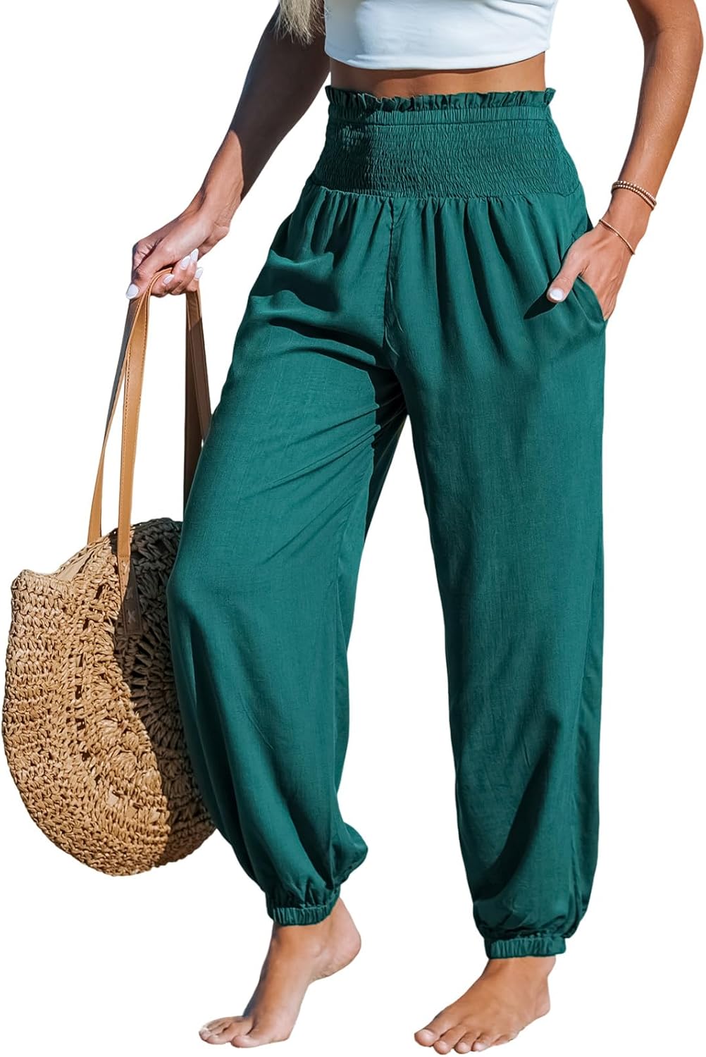 CUPSHE Women Pants Smocked Pockets Waist Wide Leg Ruffle Loose Fit Pant Casual Beach Green XL
