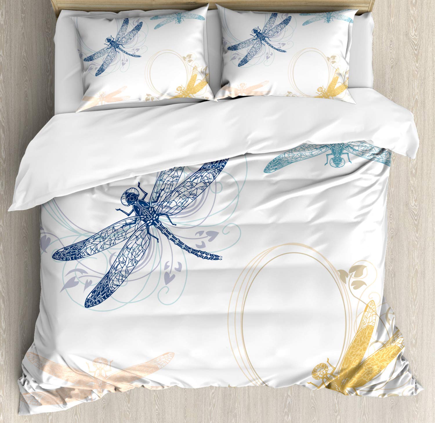 Ambesonne Dragonfly Duvet Cover Set, Floral Spring Bugs Wings Flower Petals Animal Nature Themed Motif, Decorative 3 Piece Bedding Set with 2 Pillow Shams, King Size, Yellow Blue