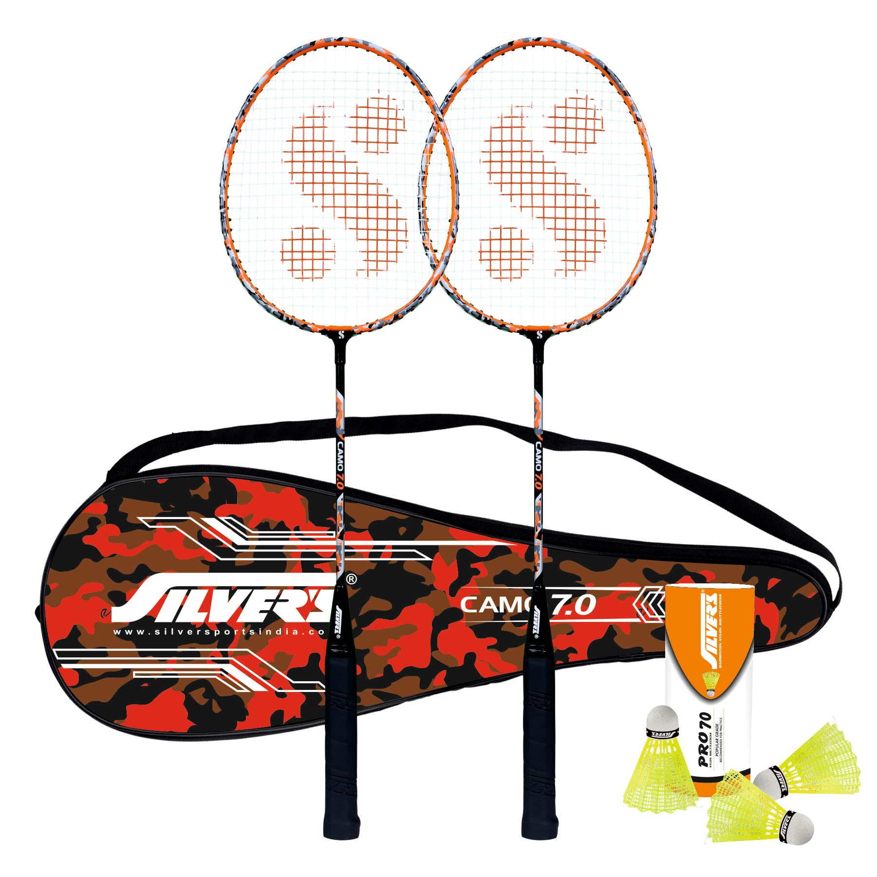 Silver's Aluminium Camo 7.0 Badminton Kit (2 Racquets with Full Cover, 1 Box Nylon Shuttlecock Pack of 3)(Orange/Black)