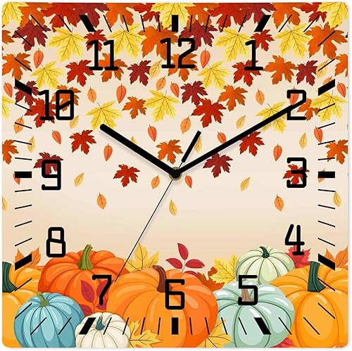 Pumpkins Fall Wooden Wall Clock Silent Non Ticking, Thanksgiving Autumn Maple Leaves Harvest Square Wall Clock Battery Operated, Decor Clock for