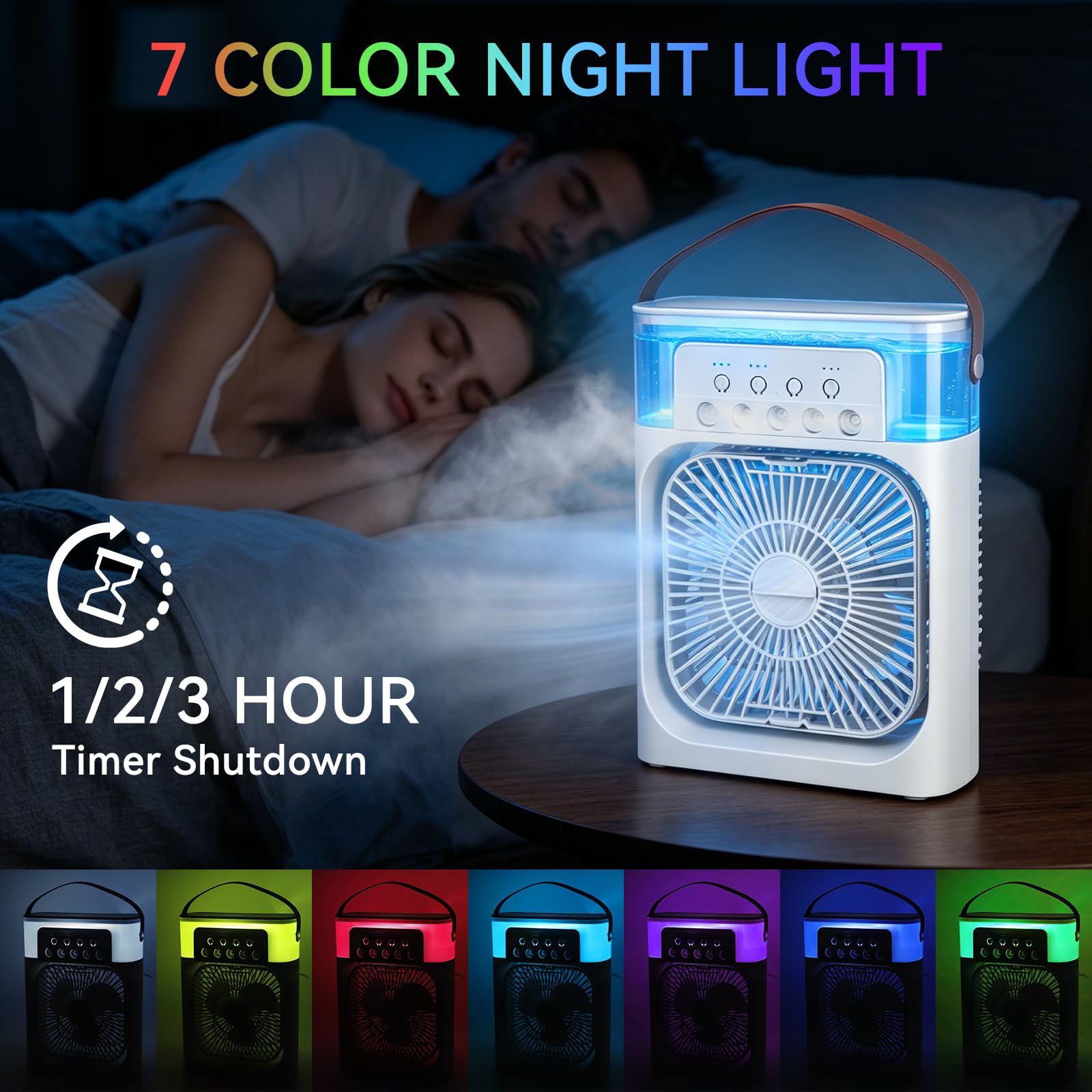 Przenośny klimatyzator 600 ml, przenośny mini klimatyzator, 7 diod LED, mały, 3 prędkości i 3 tryby mgły, przenośny klimatyzator z timerem 1/2/3 h, dla rodziny, w podróży, do biura, na kemping