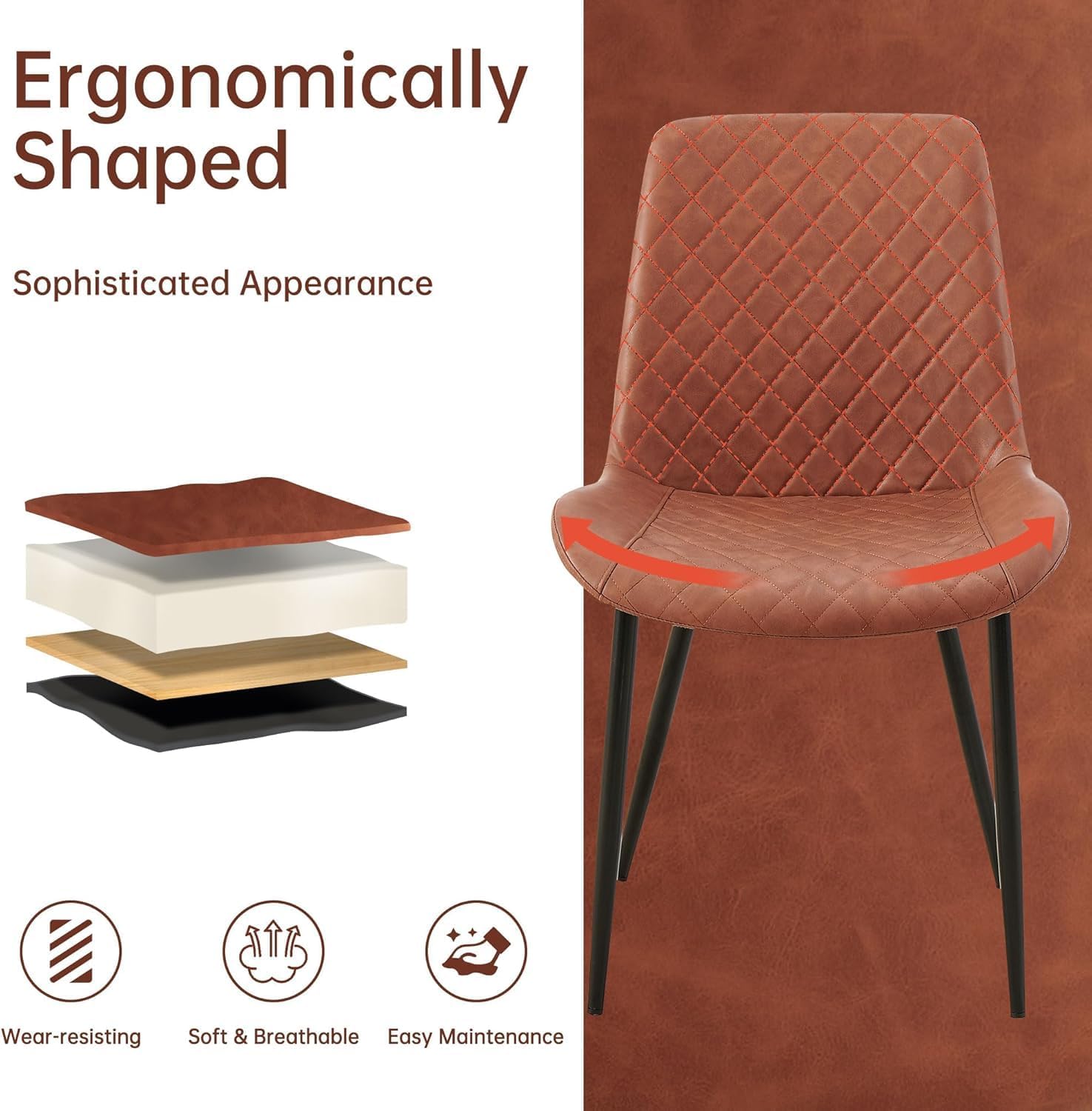 Dining Chairs Set of 4, Modern Kitchen & Dining Room Chairs, Upholstered PU Leather Cushion Seat and Sturdy Metal Legs Reception Chairs for Living Room, Reception Room, Brown