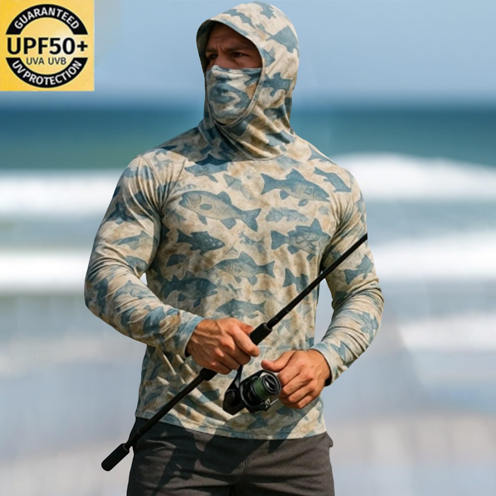 Sudadera Sin Mangas Hombre Men's Hooded 50+ Sun with Athletic Fishing Shirts USA Flag Rash Guards T Long Sleeve Perro (Khaki, XXL) Ropa Anti Calor De Gimnasio Camisa Manga Larga Oversize