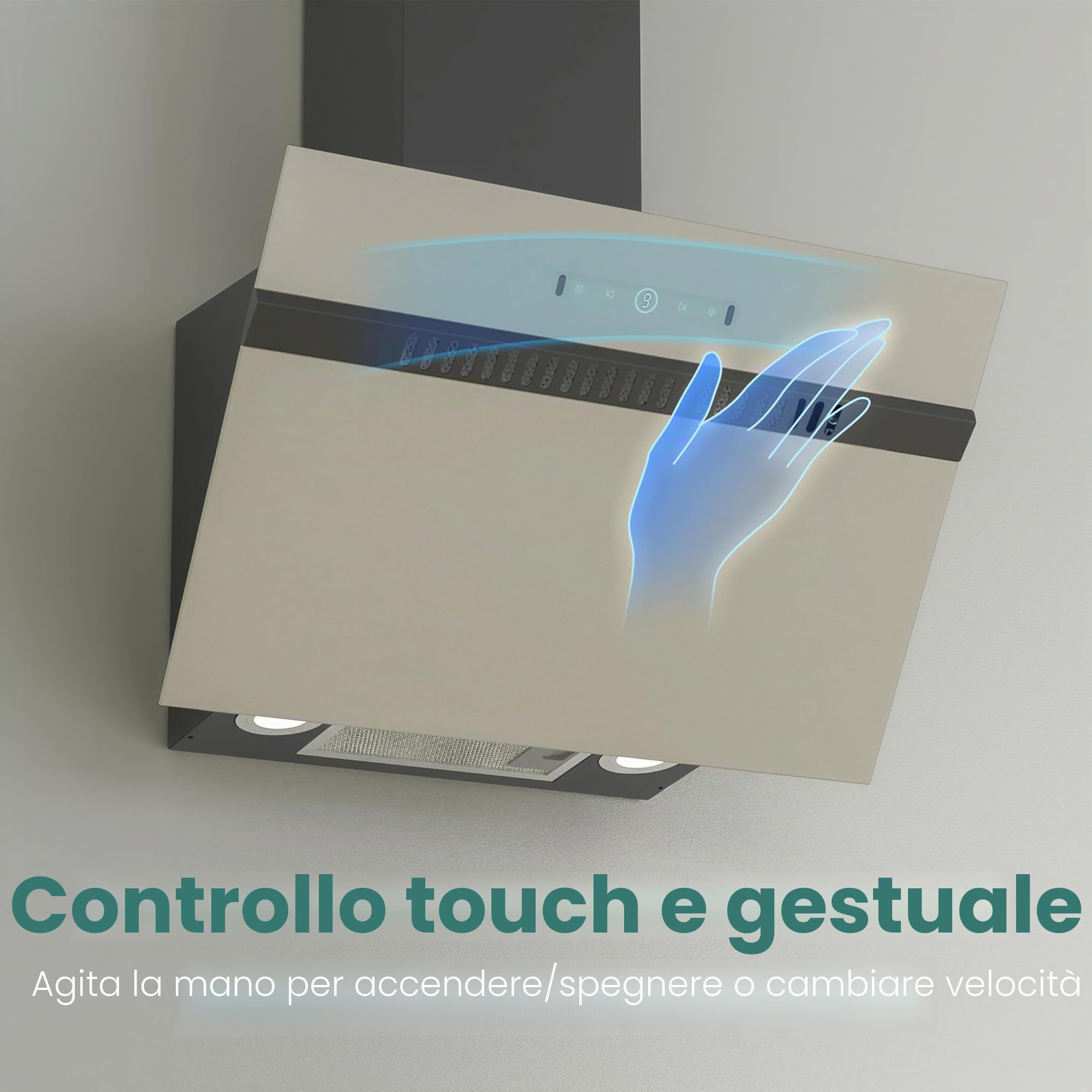 FIREGAS Classe A+++ Cappa Aspirante Inclinata 60cm, 684 m³/h, 9 Velocità, Controllo Touch e a Gesti, Ricircolo ed Estrazione, Cappa Cucina con Filtro a Carbone, Grigio