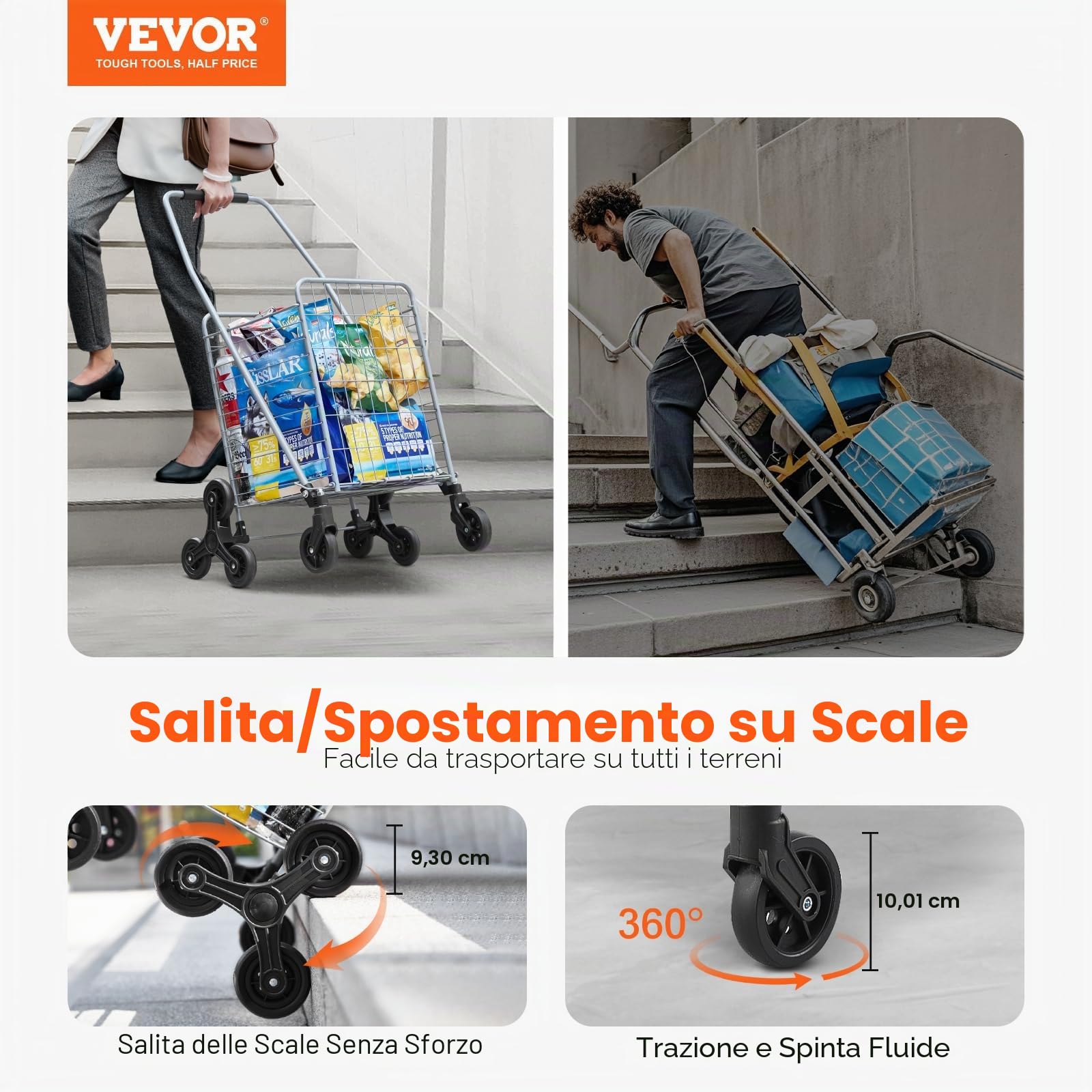 VEVOR Carrello della Spesa per Salire Scale da 45 L con Ruote Girevoli a 360°, Carrello Multiuso per Salire Scale con Tre Ruote, Carrello per Scale, Pieghevole e Leggero per Bucato in Viaggio, Argento