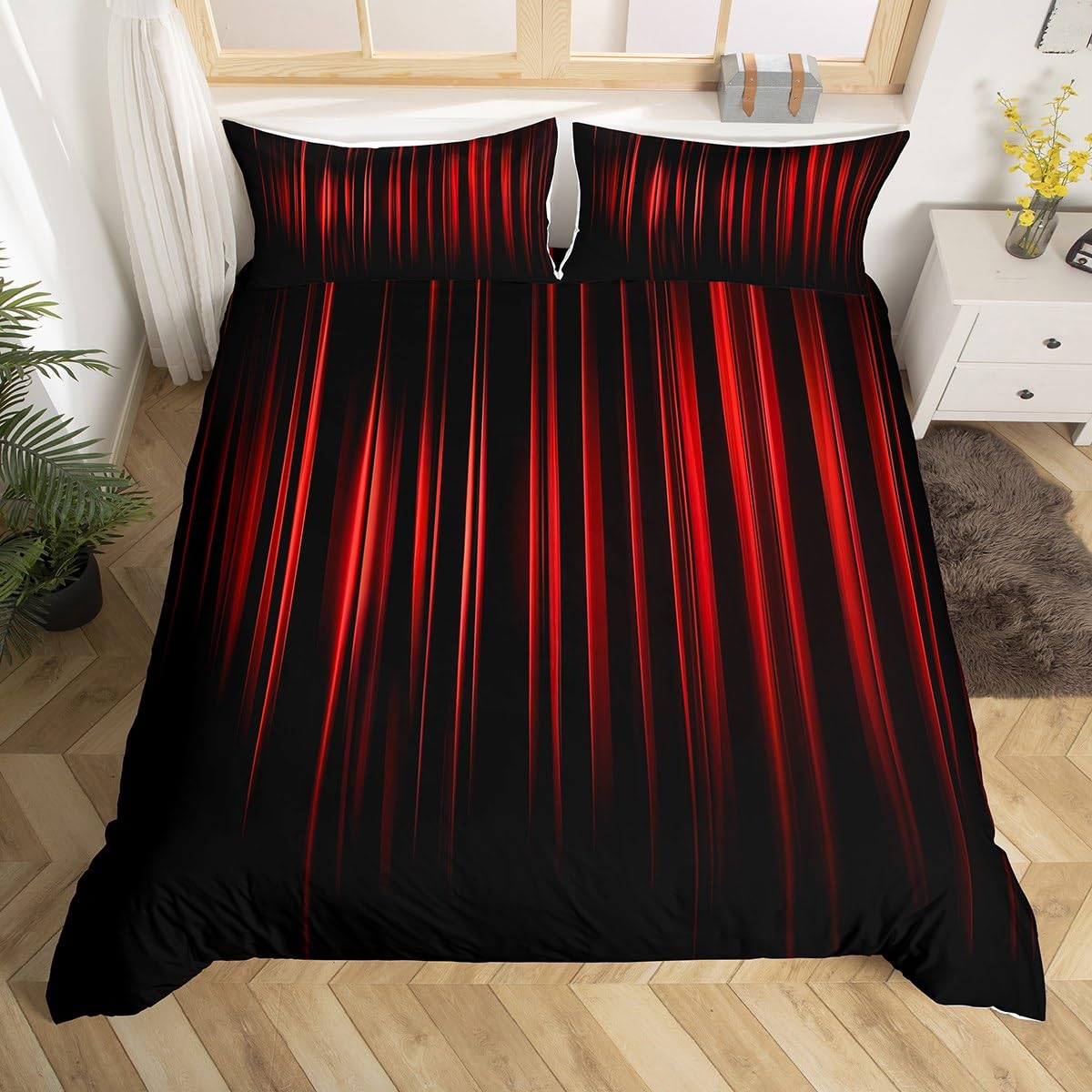 Manfei Red and Black Duvet Cover Set Single Size, Geometric Abstract Ombre Comforter Cover