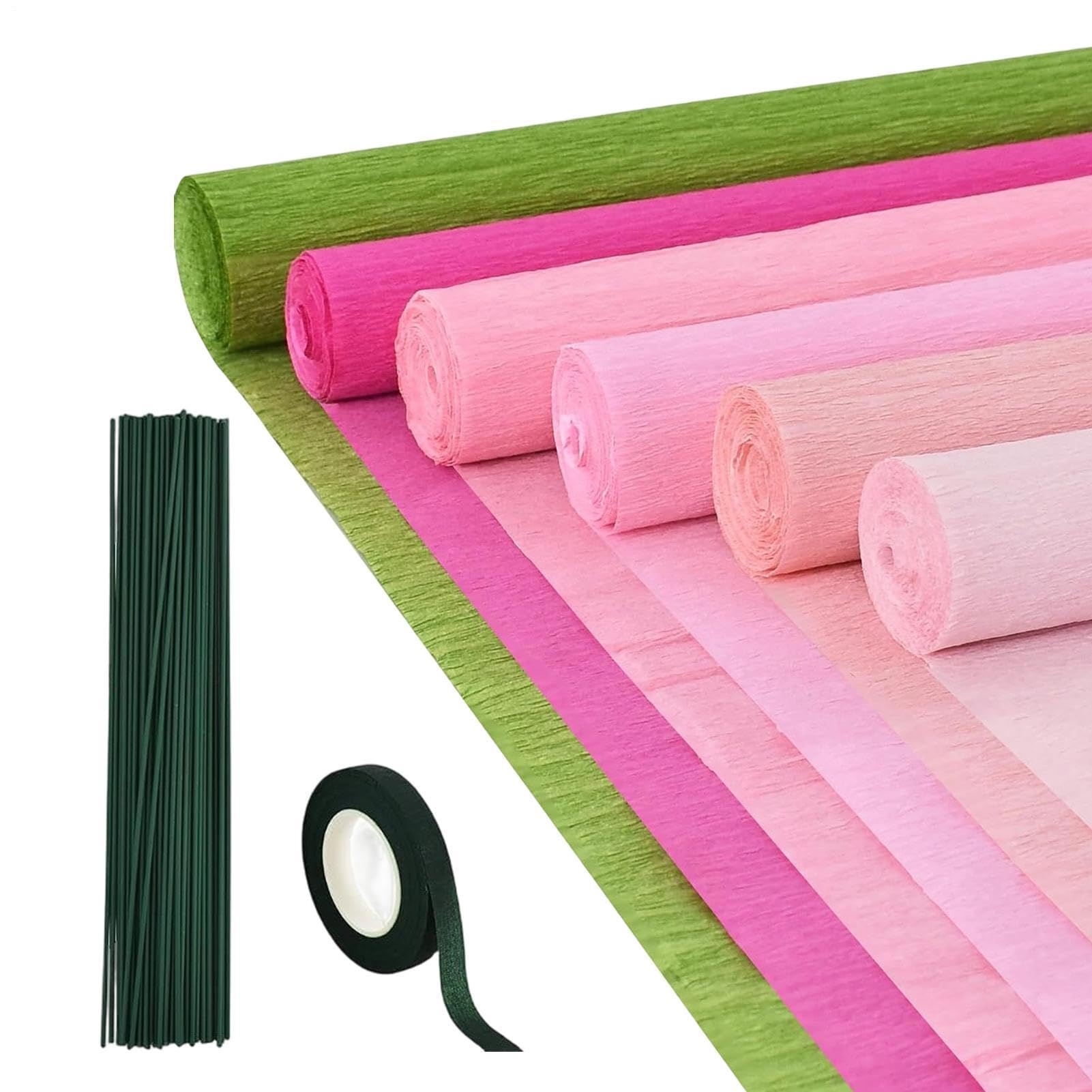 Lot de 6 rouleaux de papier crépon avec 50 tiges métalliques pour décorations de fête, bouquets de mariage, arches de remise de diplôme, toiles de fond photo
