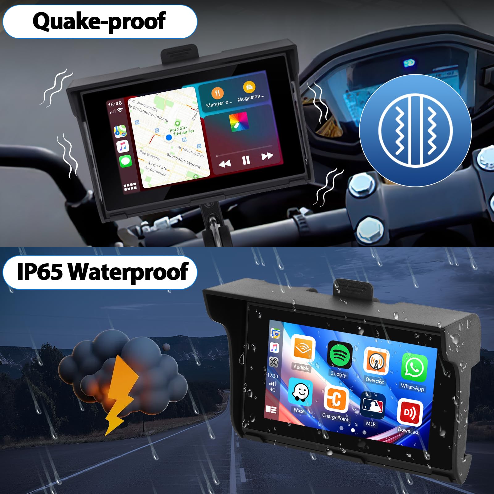 CAMECHO Motorrad GPS Carplay Bildschirm, Kabelloses CarPlay und Android Auto, Tragbarer 7 Zoll Wasserdichter Bluetooth Touchscreen mit Dual Bluetooth, EQ, Navigation, Siri