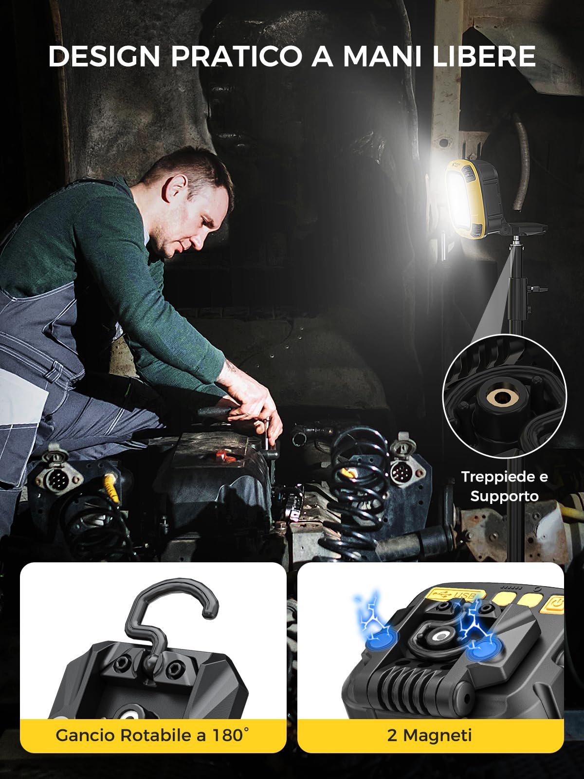 Smiling Shark Lampada Lavoro, LED Lampada Officina 7500mAh Ricaricabile Impermeabile 18 Modalità Luminose Portatile Luce Ispezione con Magnetica per Campeggio Riparazione Garage laboratori Emergenza