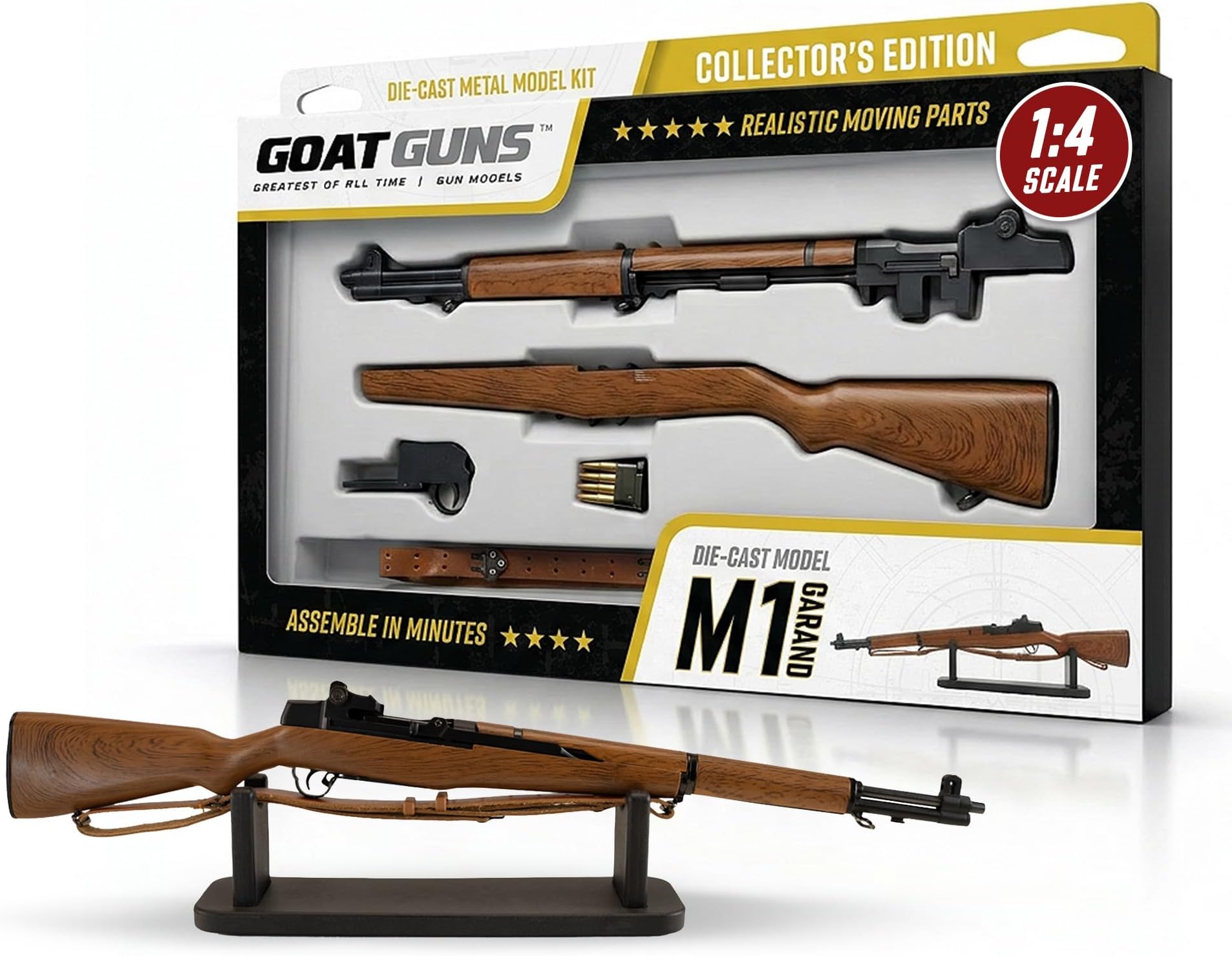 GOAT GUNS M1 Garand (Patton) | 1:4 Scale Diecast Metal Build Kit, Black & Wood Grain | Non-Firing WW2 Replica with Leather Sling for Display, Man Cave & Gaming | Collectible Gun Model for Adults