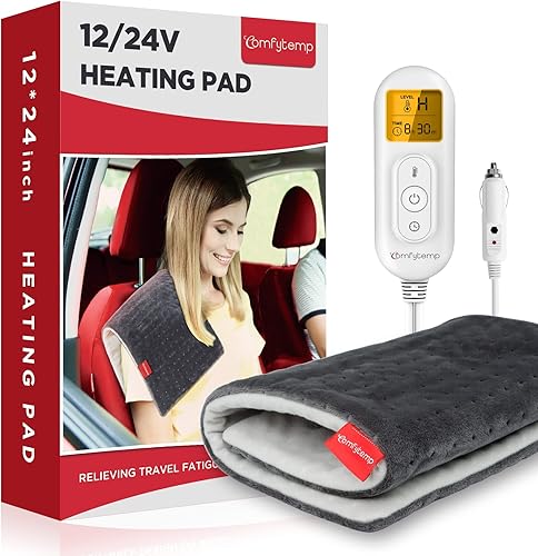 Comfytemp Manta eléctrica de coche de 12 V24 V para aliviar el dolor de espalda, 4 ajustes de calor, 11 apagado automático, mini manta de viaje