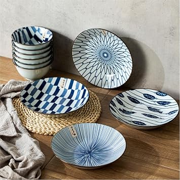 Hivelane Japan-Style Porcelain Bowls and Plates 12 Piece Set Assorted Blue and White Pattern C1903