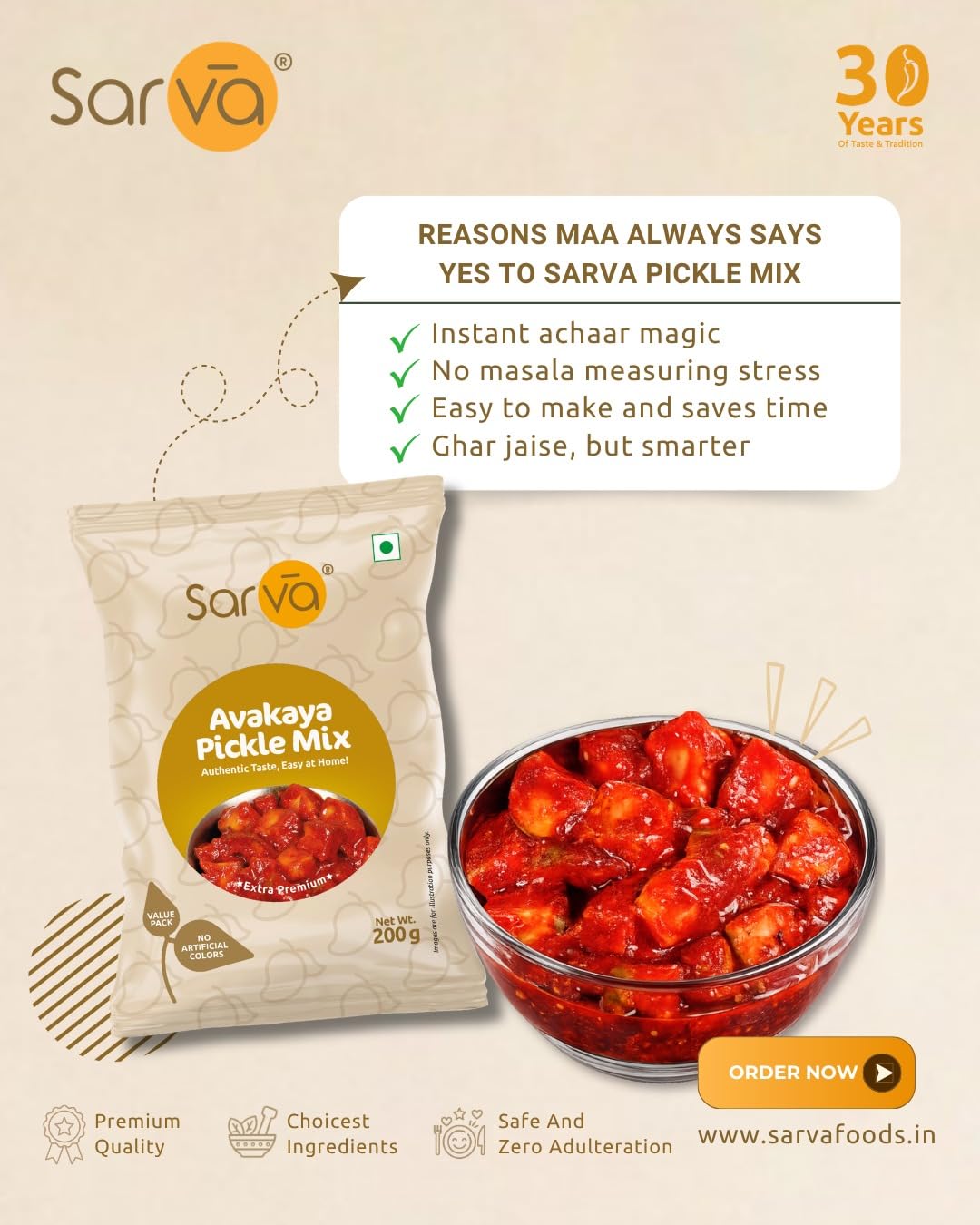 SARVA Avakaya Pickle Mix | Authentic Andhra Mango Pickle Masala | Traditional Spicy Avakai Mix with Premium Stemless Chillies for Homemade Pickle Preparation and Rich Flavorful Meals (200g) 1