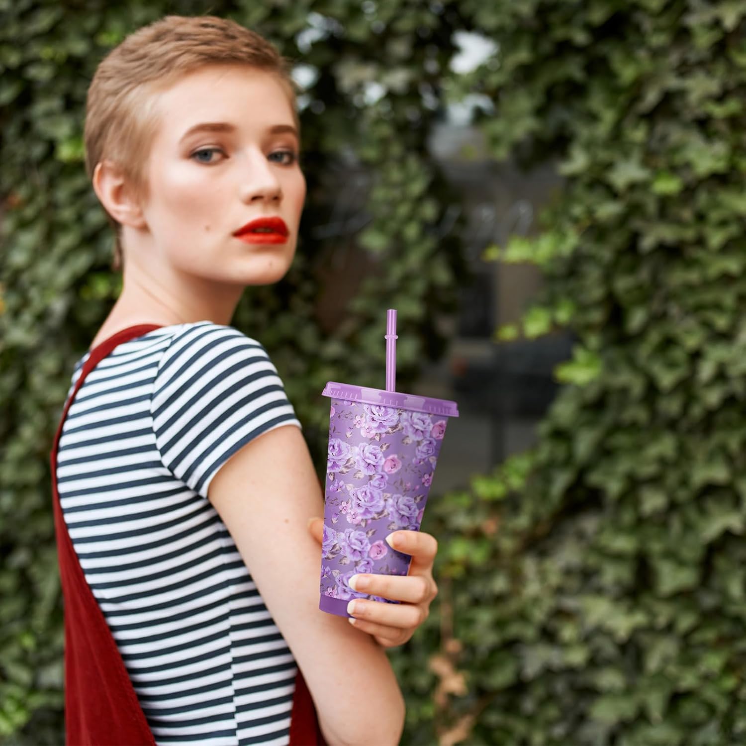 Zhehao 12 Pack Bow Floral Cups Plastic Coquette Bow Straw Tumblers Cold Cups with Lids and Straws Bulk for Iced Coffee 24 oz Reusable Travel Mug Cup Gifts for Girl Women Mom Adults - Image 4