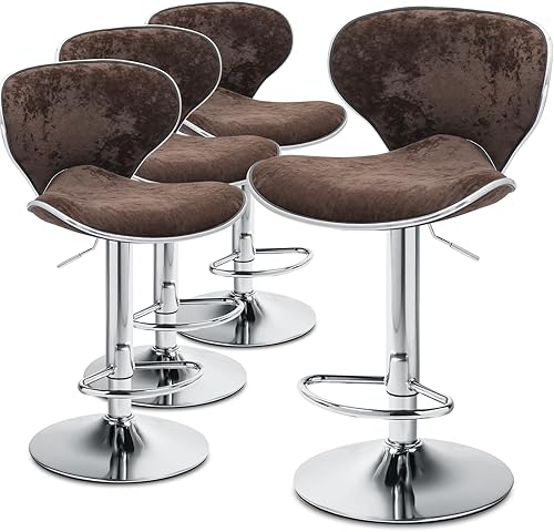 MoNiBloom Juego de 4 taburetes de bar de terciopelo marrón con respaldo giratorio con base de metal, modernos taburetes de isla de cocina ajustables
