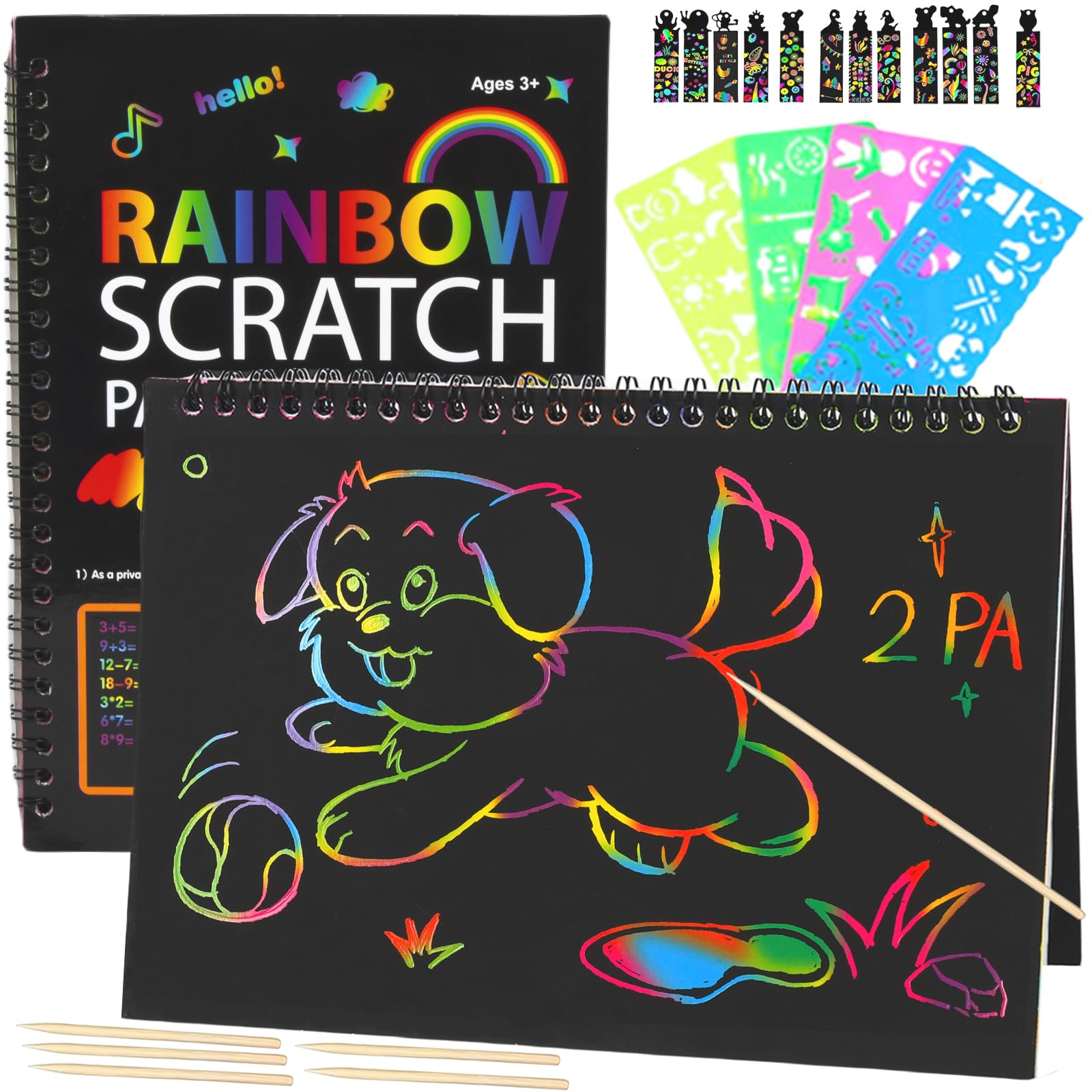 Rainbow Scratch Paper and Bookmarks, 2 Pack Scratch Paper Art Set with Stencils DIY Arts and Crafts Party Favors, Crafts for Kids 6-8, Girls Gift