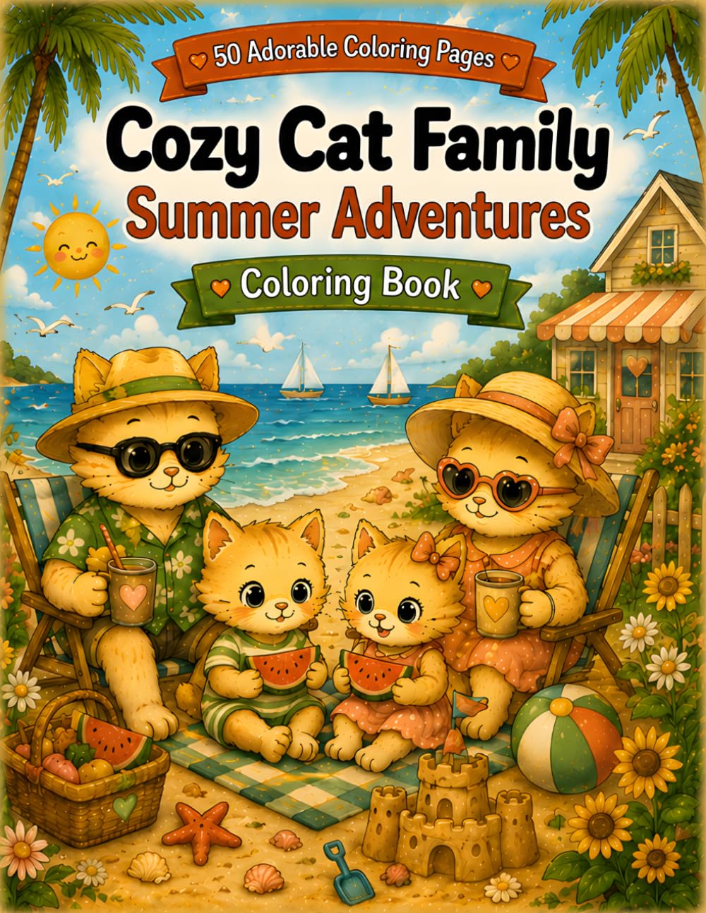 Cozy Cat Family Coloring Book: Summer Adventures: 50 Adorable Summer Coloring Pages Featuring Cozy Cats, Beach Fun & Family Adventures