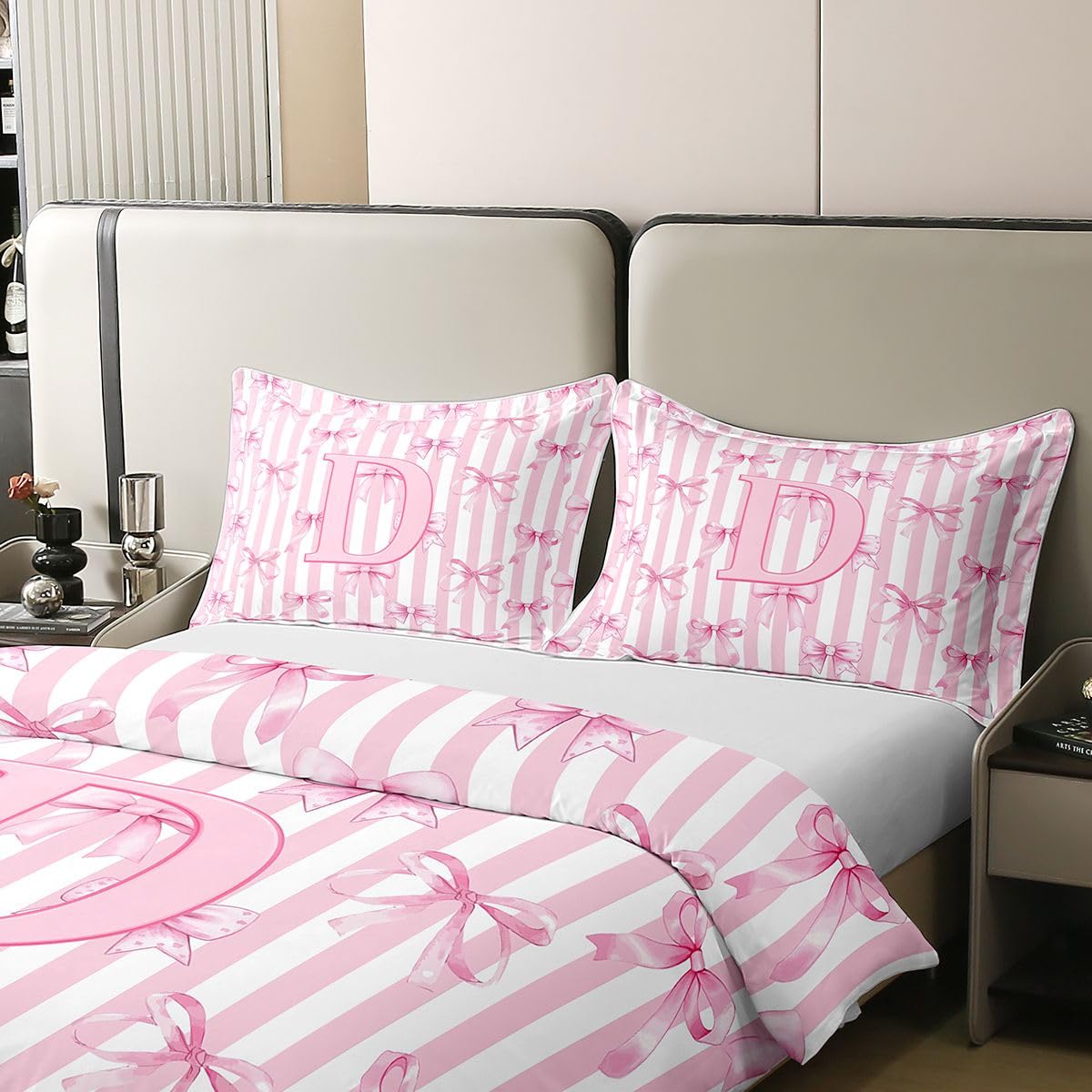 Homewish Początkowa litera D kokarda alfabet różowe paski podwójny zestaw pościeli kokarda bawełniana poszewka na kołdrę w paski kawaii poszewka na kołdrę marzycielska księżniczka ciepłe